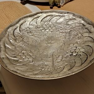 Vtg Silver Plate 16" Round Pedestal Serving Platter Tray Scroll Design  Harvest